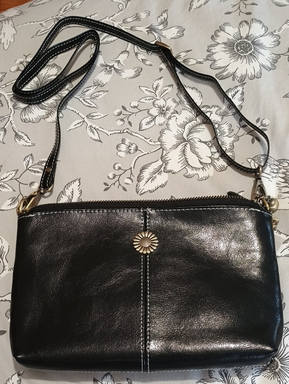 Black Leather Crossbody Bag with Gold Daisy Detail